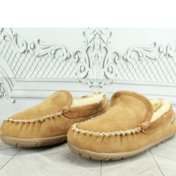 LL Bean Brown Suede Wicked Good Shearling Lined Venetian Slippers Size 7 M - Picture 2 of 9